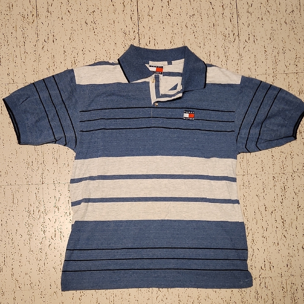 Tommy Hilfiger Embroidered Logo 1/4 Button Down Stripe Polo Shirt Vintage Y2K